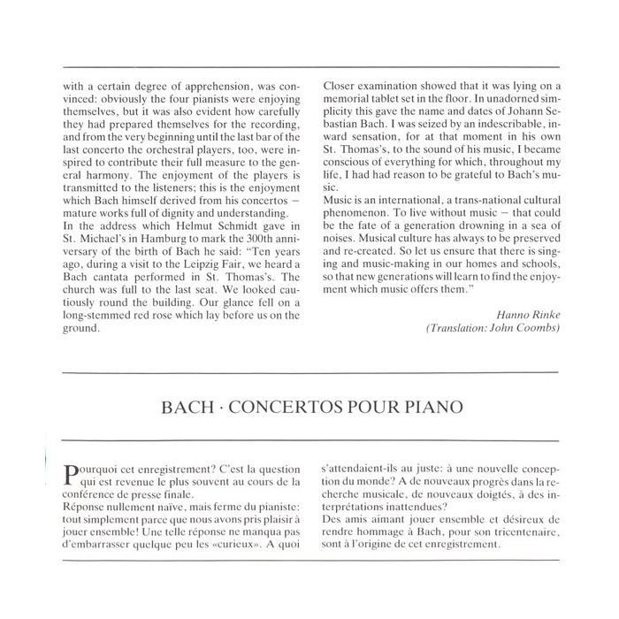 Johann Sebastian Bach - Christoph Eschenbach ???? Justus Frantz ???? Gerhard Oppitz ???? Helmut Schmidt ???? Philharmonisches Staatsorchester Hamburg - Klavierkonzerte BWV 1060 ???? 1061 ???? 1063 ???? 1065