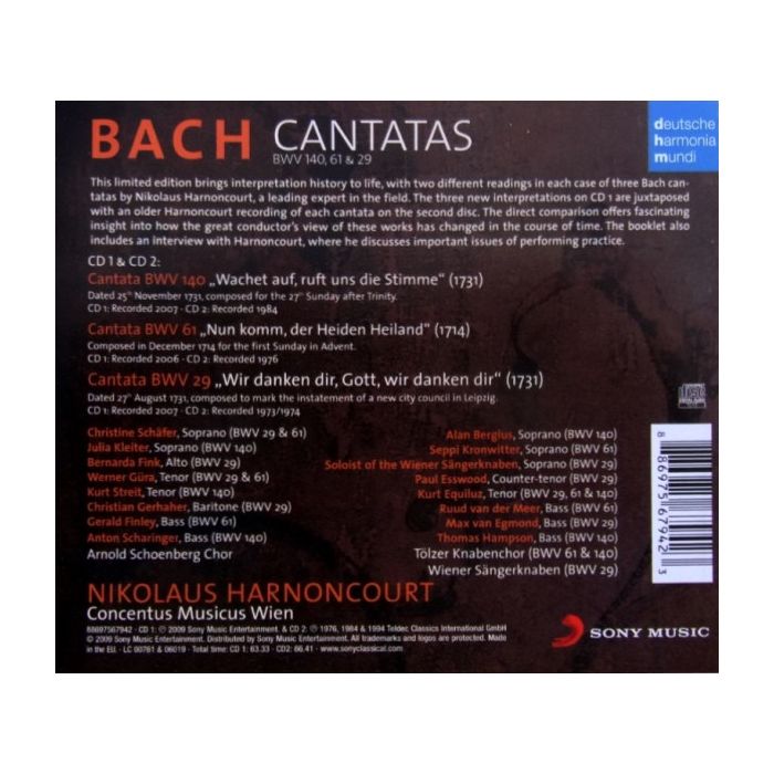 Johann Sebastian Bach - Julia Kleiter , Christine Schäfer , Bernarda Fink , Werner Güra , Kurt Streit , Christian Gerhaher , Anton Scharinger , Arnold Schoenberg Chor , Concentus Musicus Wien , Nikolaus Harnoncourt - Cantatas BWV 140, 61 & 29