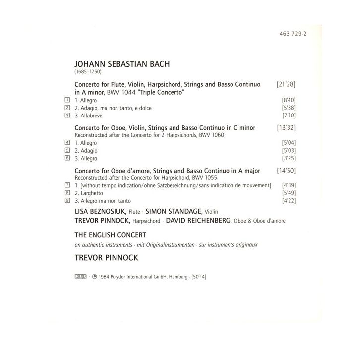 Johann Sebastian Bach : The English Concert · Trevor Pinnock - Concertos: Harpsichord · Violin · Flute · Oboe D'amore