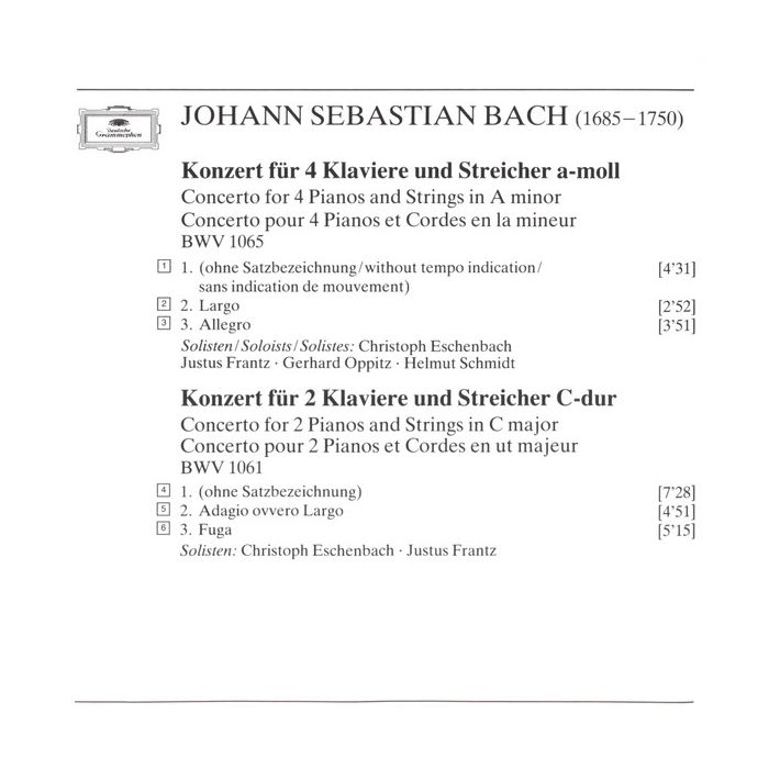 Johann Sebastian Bach - Christoph Eschenbach ???? Justus Frantz ???? Gerhard Oppitz ???? Helmut Schmidt ???? Philharmonisches Staatsorchester Hamburg - Klavierkonzerte BWV 1060 ???? 1061 ???? 1063 ???? 1065