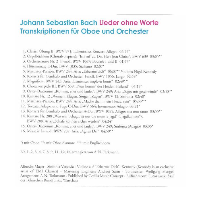 Albrecht Mayer , Johann Sebastian Bach , Sinfonia Varsovia - Lieder Ohne Worte: Transkriptionen Für Oboe Und Orchester
