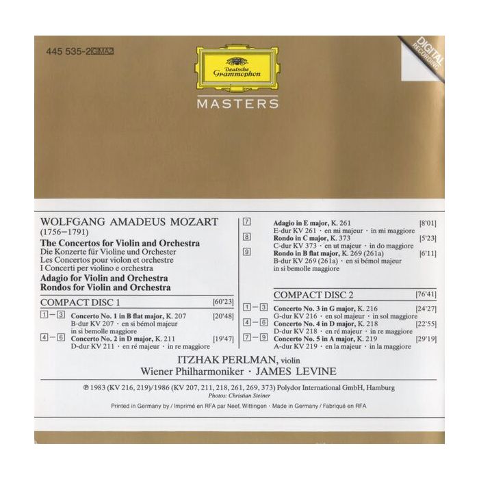 Wolfgang Amadeus Mozart , Itzhak Perlman , James Levine  , Wiener Philharmoniker - The 5 Violin Concertos