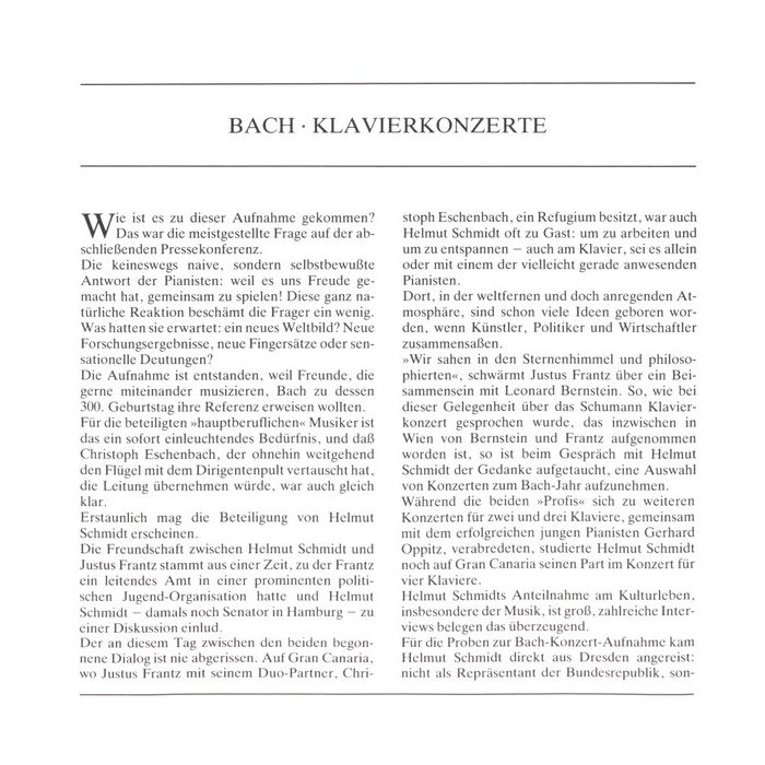 Johann Sebastian Bach - Christoph Eschenbach ???? Justus Frantz ???? Gerhard Oppitz ???? Helmut Schmidt ???? Philharmonisches Staatsorchester Hamburg - Klavierkonzerte BWV 1060 ???? 1061 ???? 1063 ???? 1065