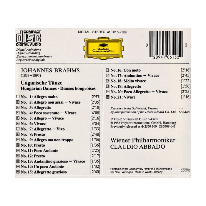Johannes Brahms - Wiener Philharmoniker , Claudio Abbado - 21 Ungarische Tänze - Hungarian Dances - Danses Hongroises