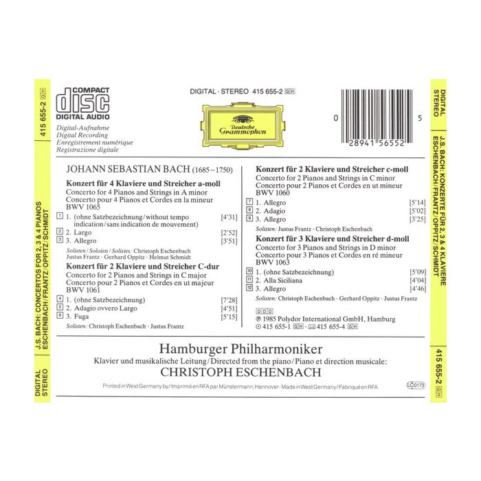 Johann Sebastian Bach - Christoph Eschenbach ???? Justus Frantz ???? Gerhard Oppitz ???? Helmut Schmidt ???? Philharmonisches Staatsorchester Hamburg - Klavierkonzerte BWV 1060 ???? 1061 ???? 1063 ???? 1065