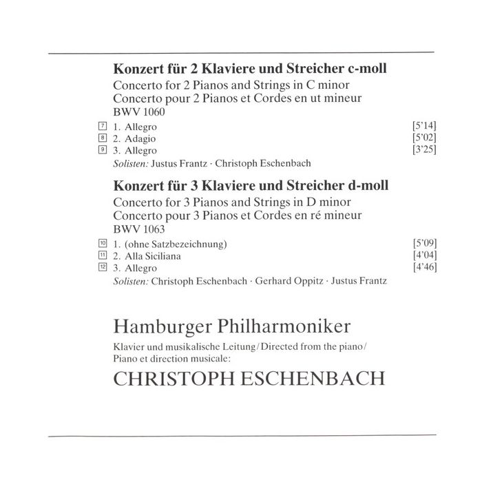 Johann Sebastian Bach - Christoph Eschenbach ???? Justus Frantz ???? Gerhard Oppitz ???? Helmut Schmidt ???? Philharmonisches Staatsorchester Hamburg - Klavierkonzerte BWV 1060 ???? 1061 ???? 1063 ???? 1065