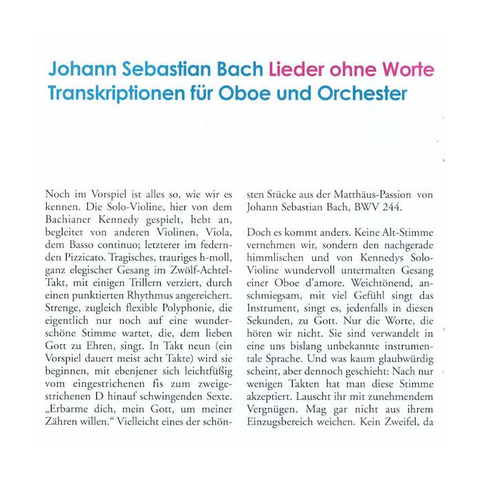 Albrecht Mayer , Johann Sebastian Bach , Sinfonia Varsovia - Lieder Ohne Worte: Transkriptionen Für Oboe Und Orchester