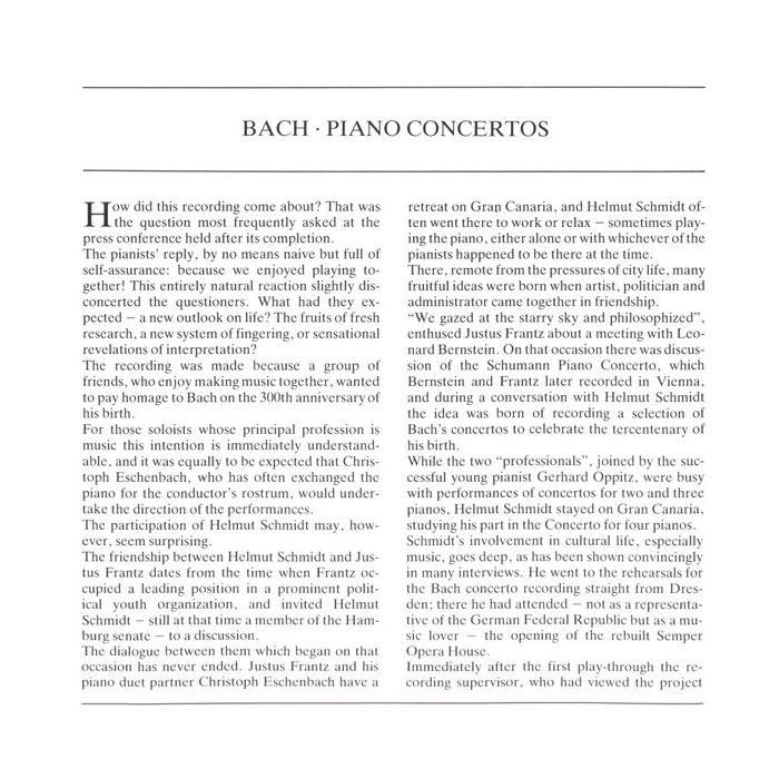 Johann Sebastian Bach - Christoph Eschenbach ???? Justus Frantz ???? Gerhard Oppitz ???? Helmut Schmidt ???? Philharmonisches Staatsorchester Hamburg - Klavierkonzerte BWV 1060 ???? 1061 ???? 1063 ???? 1065